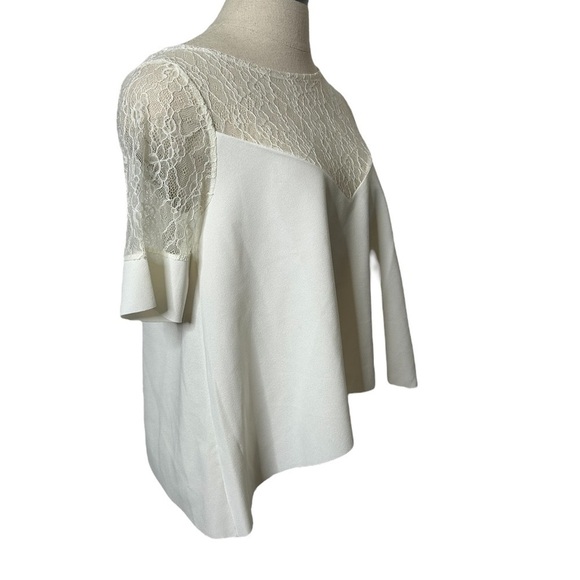 Zara White Short Sleeve Contrast Lace V-Neck Flowy Crop Blouse Size Medium - Picture 8 of 16
